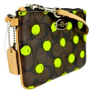 NWT Coach wristlet, dark brown with green dots.
